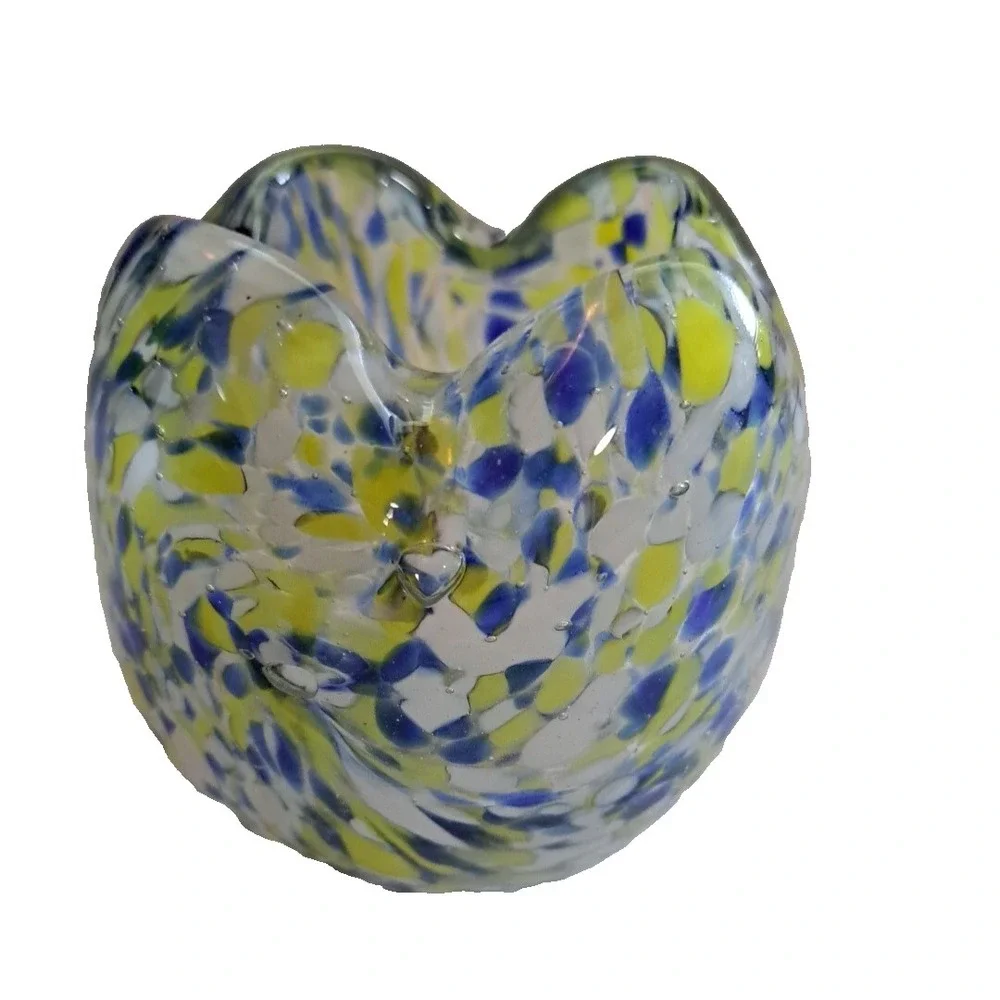 MCM Art Deco Glass Hand Blown Vase Cup Scallop Yellow Blue 3.5